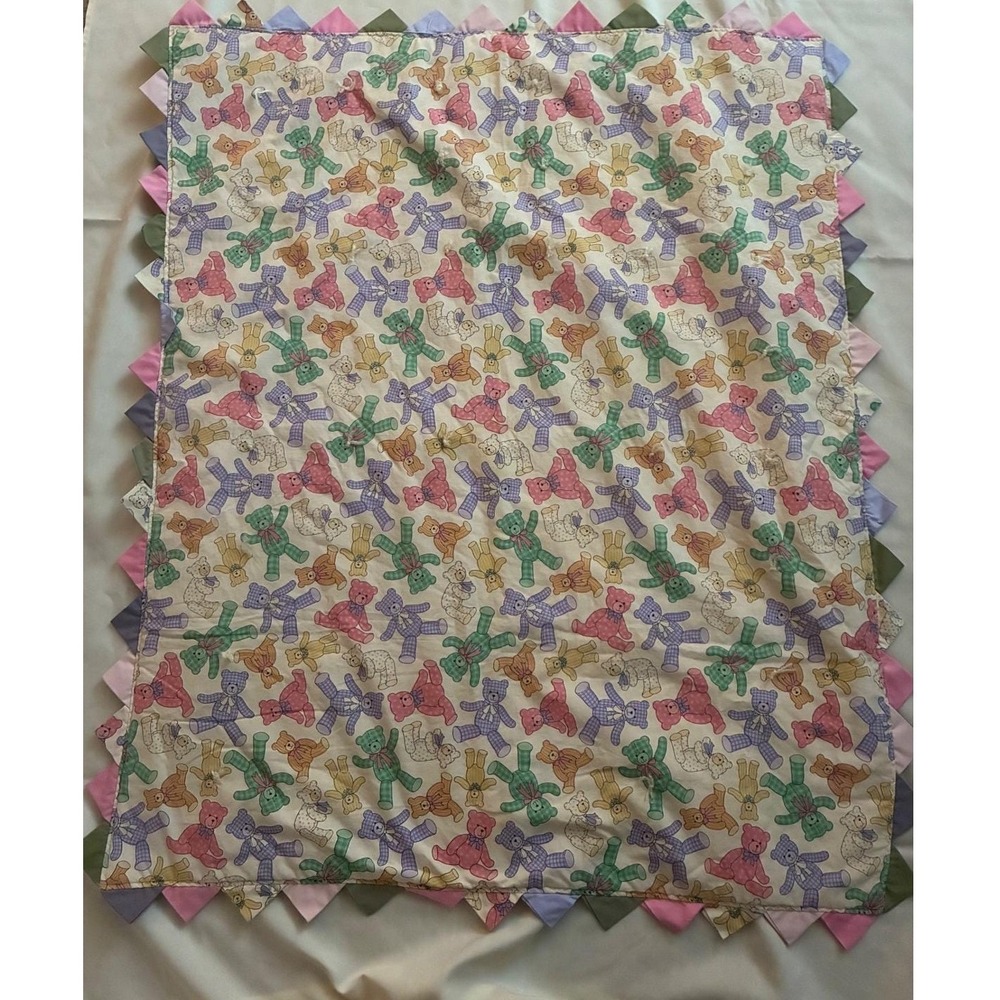 Handmade Teddy Bear Baby Quilt Unisex OS Multi Color Gingham Prairie Point Trim